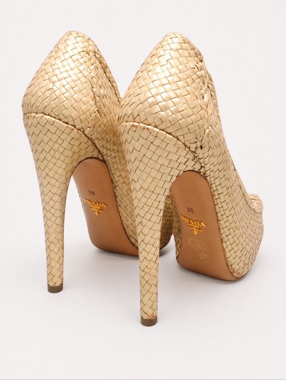 PRADA | Raffia Platform Pumps Beige Gold Heels Size 38 Italy - Picture 5 of 8